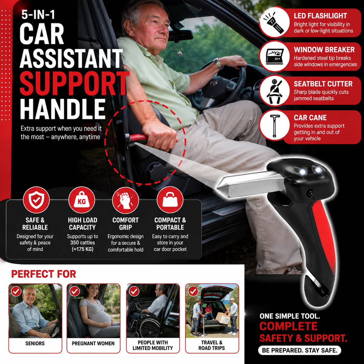 5-in-1 Car Support Handle with Window Breaker